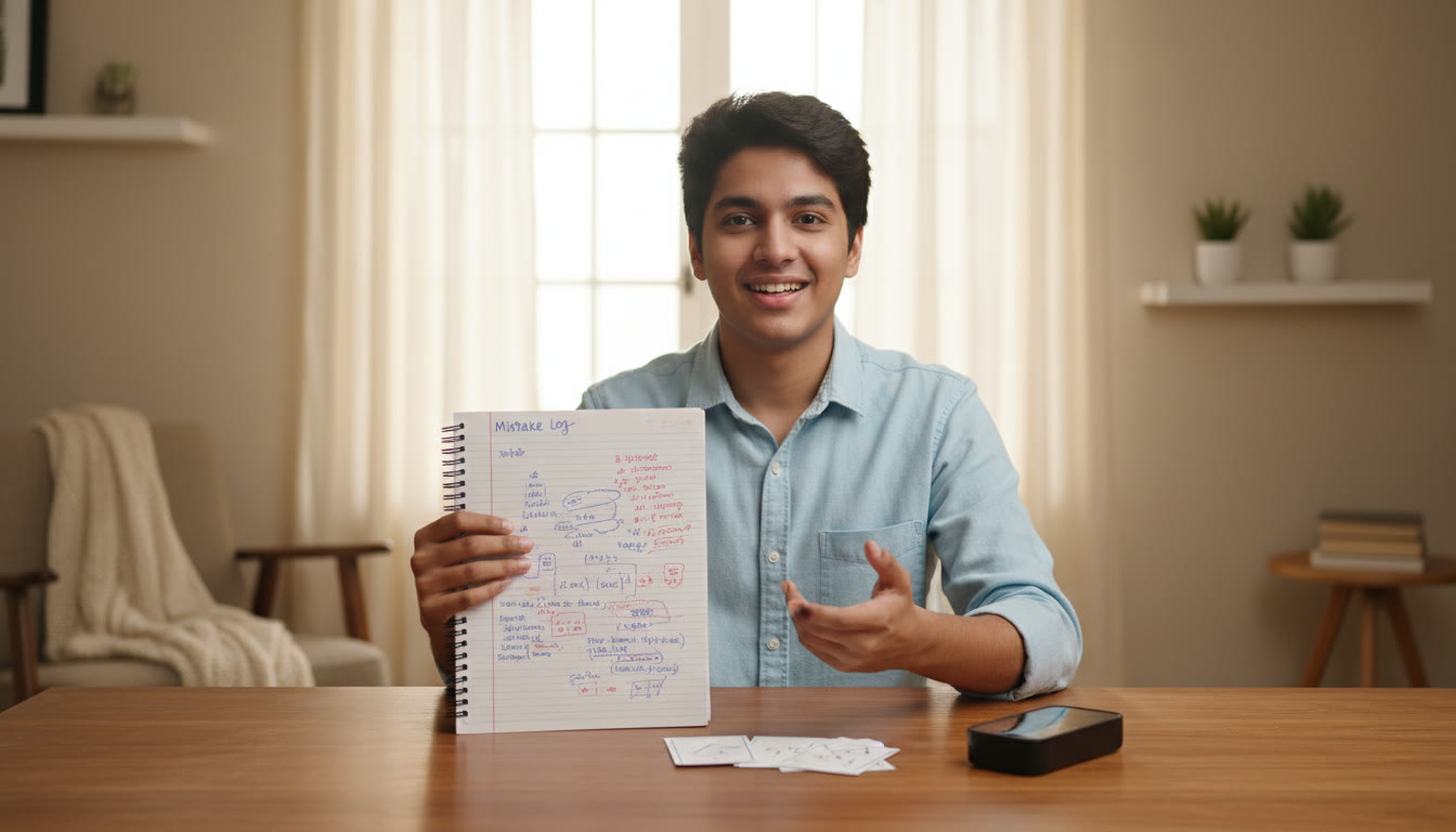 Photo Idea : A student reviewing a printed mistake log and a small stack of formula flashcards, with a digital timer in view