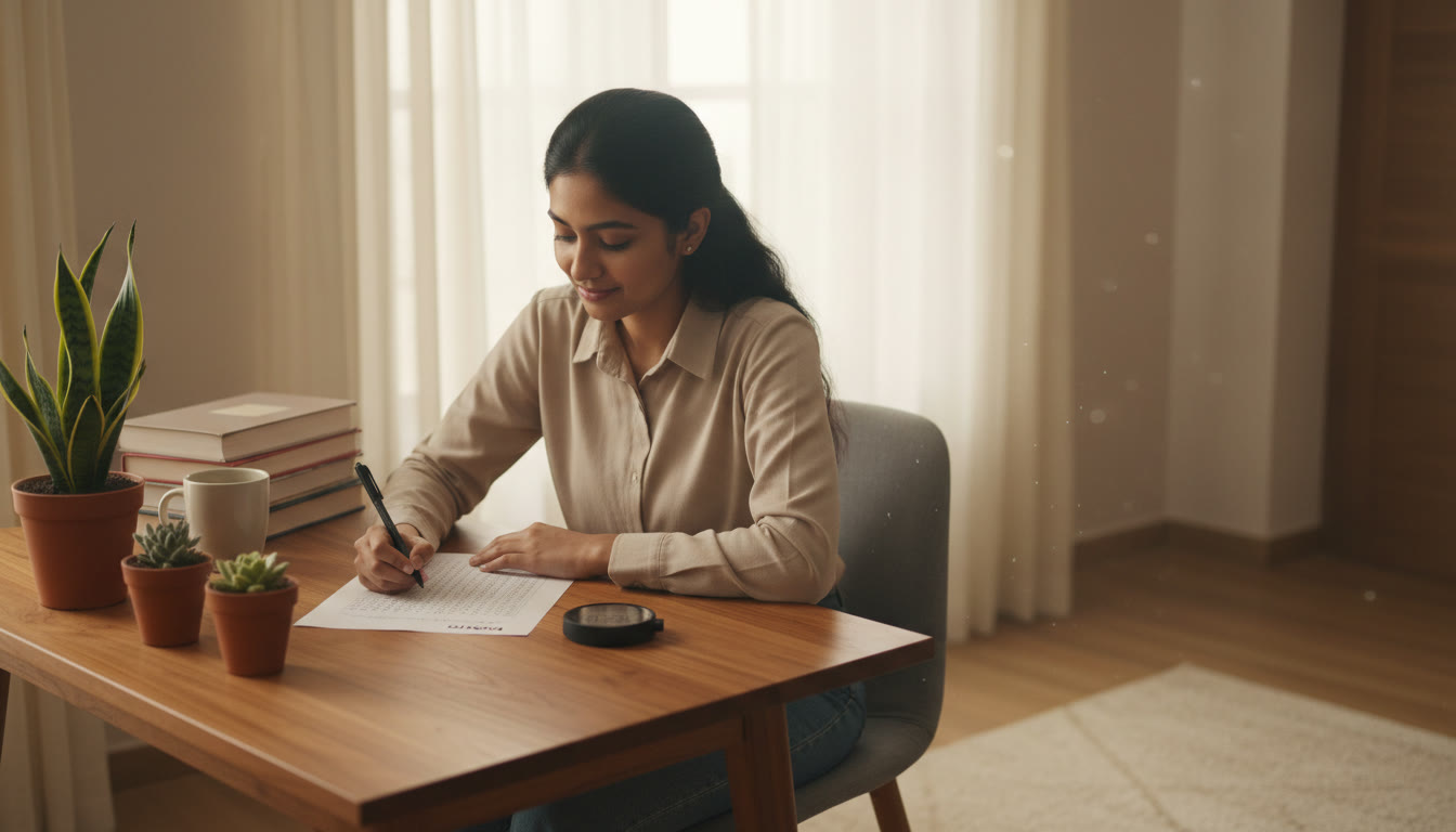 Photo Idea : Student at a study desk with an OMR sheet and stopwatch, focused and relaxed