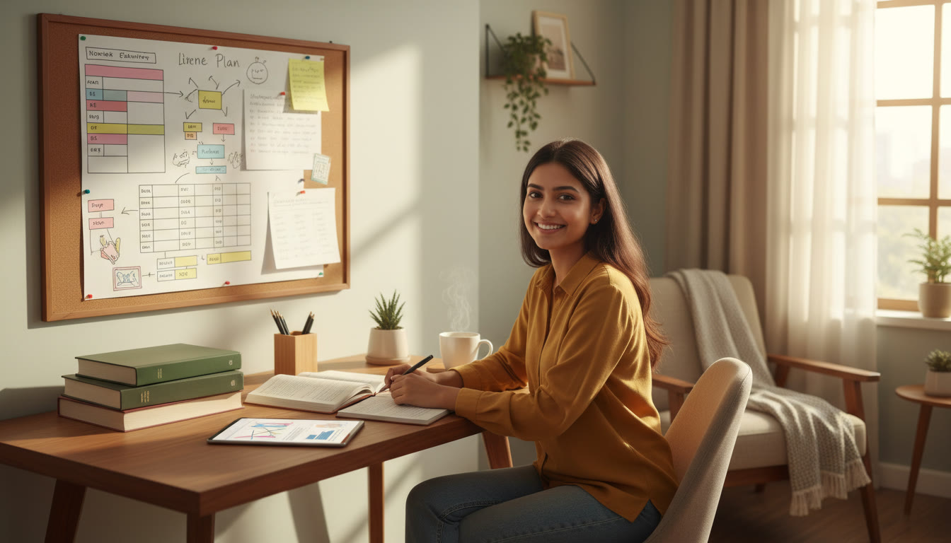 Photo Idea : Student at a desk with a neatly organized study plan, NCERT books, and a cup of tea