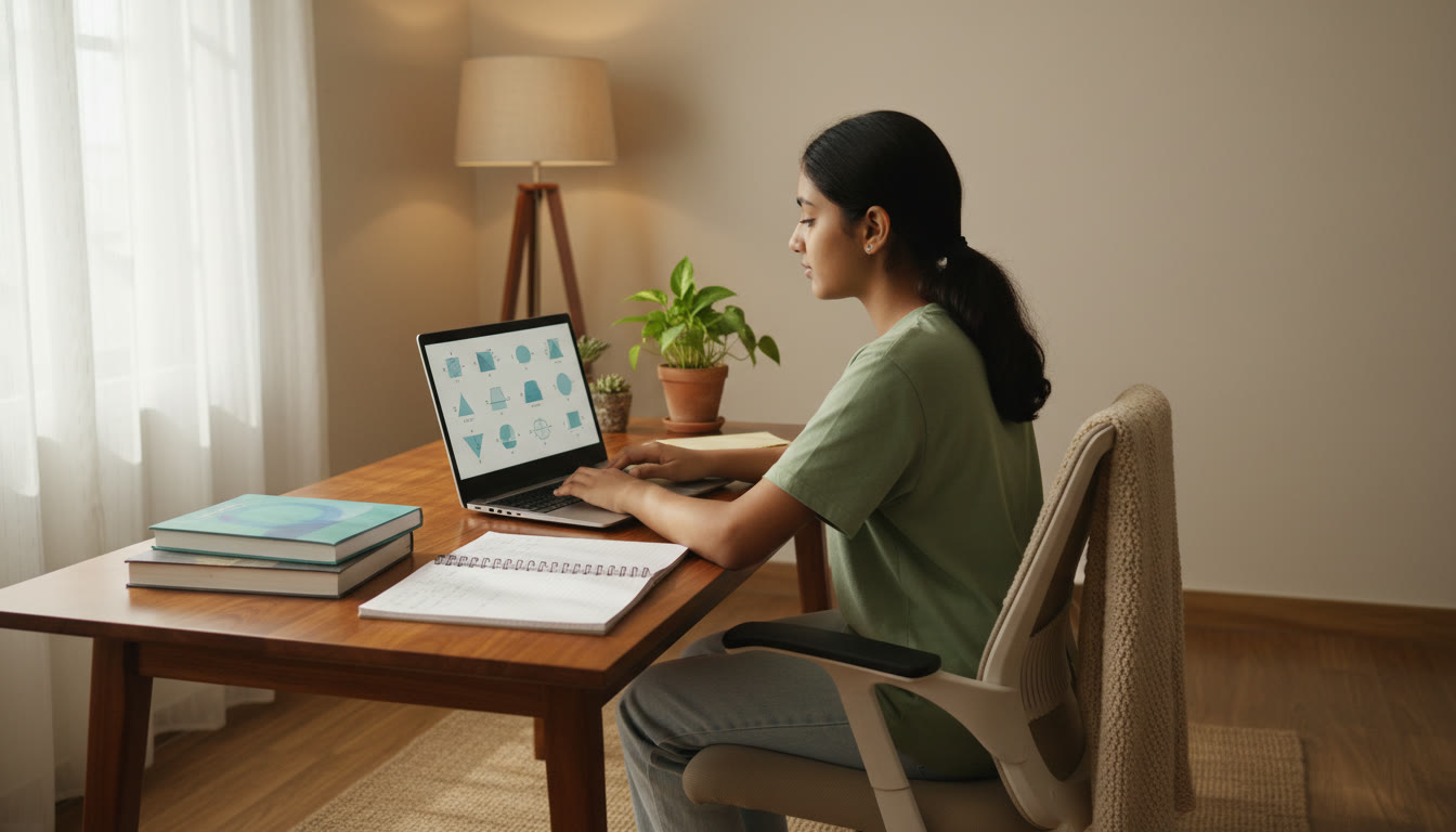 Photo Idea : A focused student at a desk with ISC textbooks, hand-written notes, and a laptop displaying practice questions