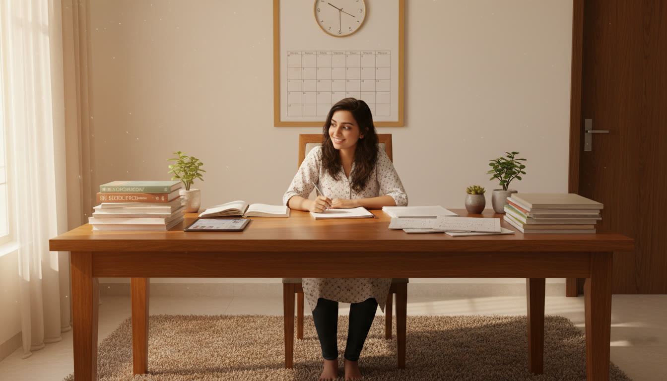 Photo Idea : Student studying at a desk with schoolbooks on one side and NEET prep materials on the other, with a visible calendar and a clock.