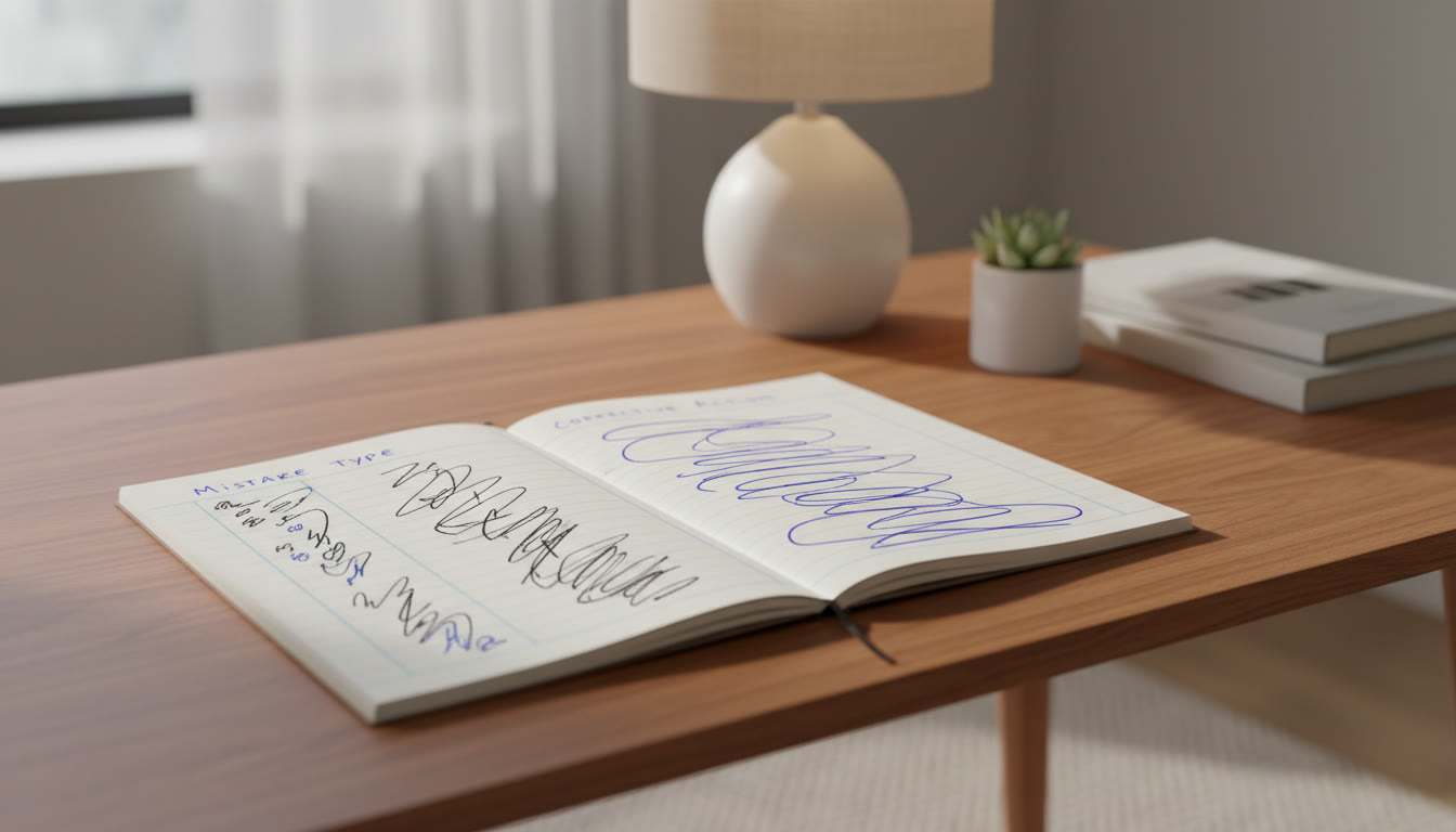 Photo Idea : Close-up of a handwritten error-log with columns for mistake type and corrective action