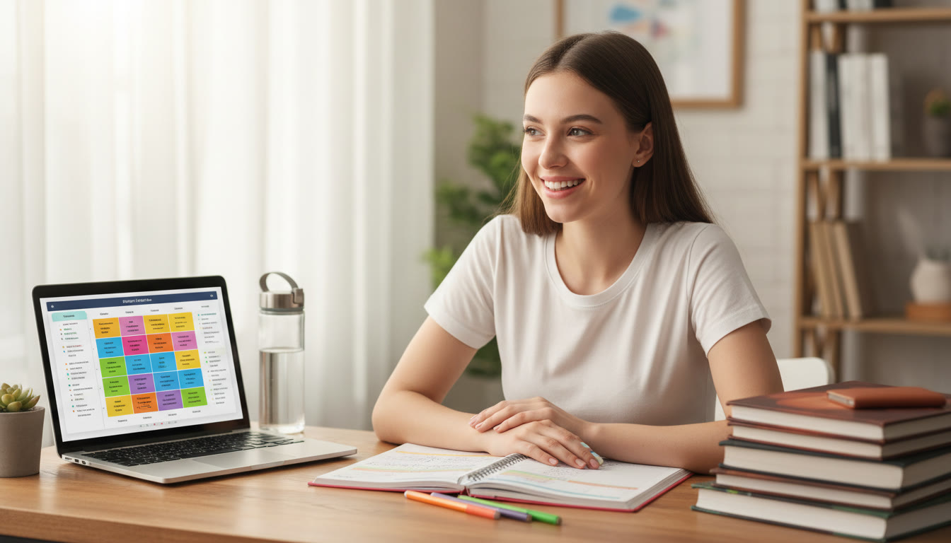 Photo Idea : Student sitting at a desk with an open planner, laptop showing a study timetable, and neatly stacked IB textbooks.