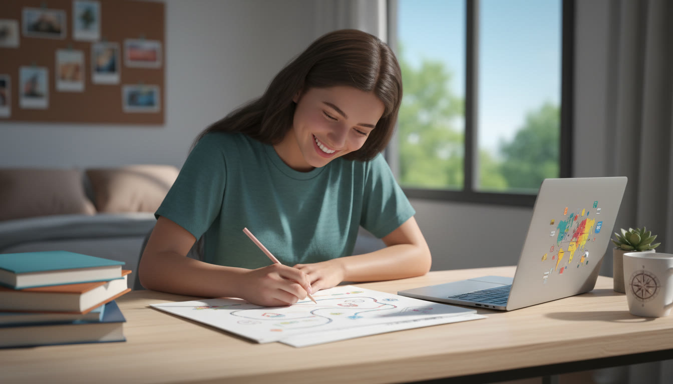 Photo Idea : Student at a desk with a planner, laptop, and IB textbooks, sketching a roadmap