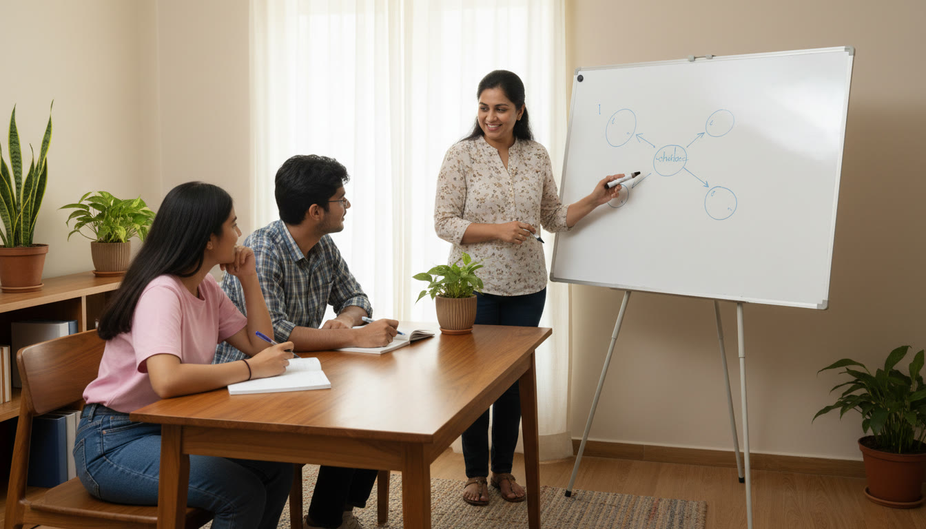 Photo Idea : a small group study session with a tutor explaining an OMR strategy on a whiteboard