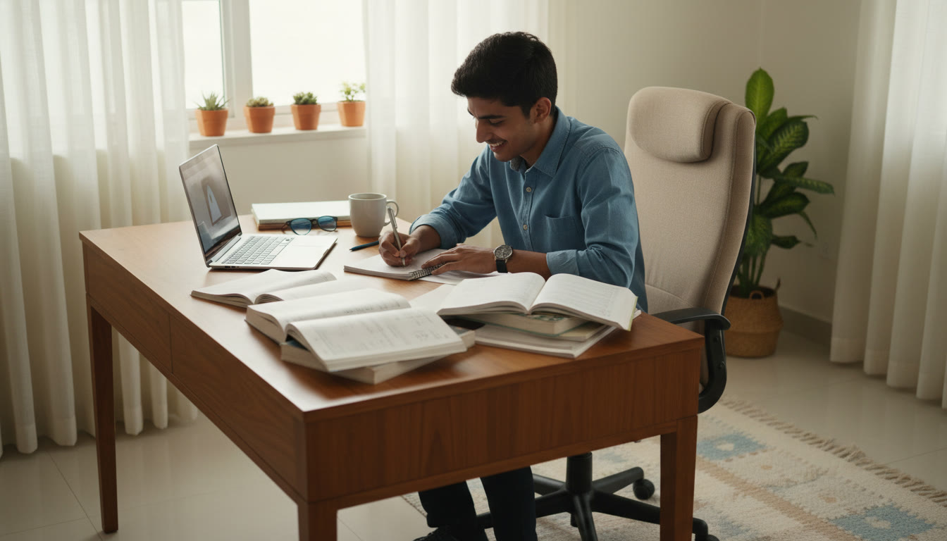 Photo Idea : A focused student solving problems at a desk with scattered notebooks and a laptop