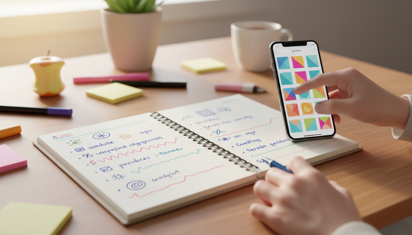 Photo Idea : Close-up of an open notebook with neat bullet points and a smartphone showing flashcards