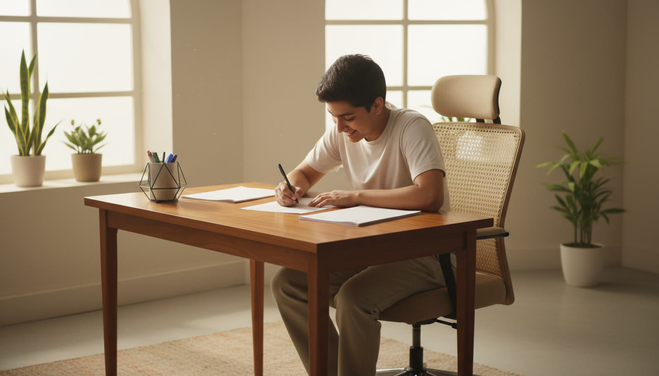 Photo Idea : A student sitting in a simulated exam hall marking an OMR sheet with focused concentration.