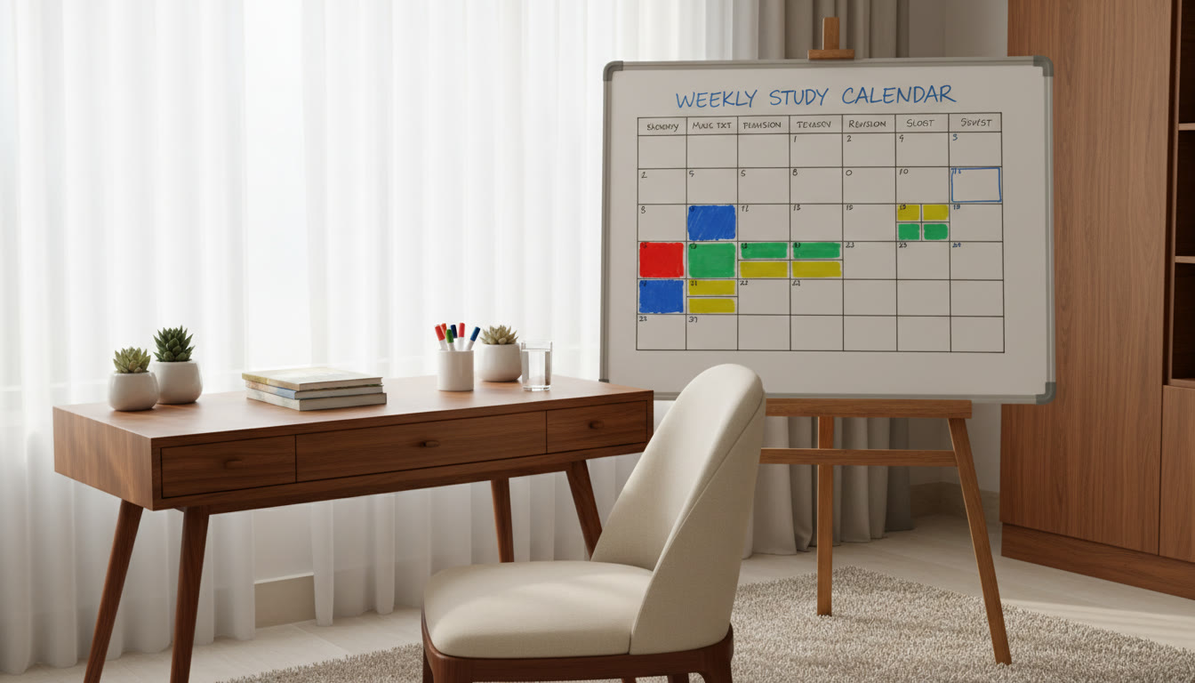 Photo Idea : Whiteboard showing a weekly study calendar, with colored markers indicating mock test days and revision slots