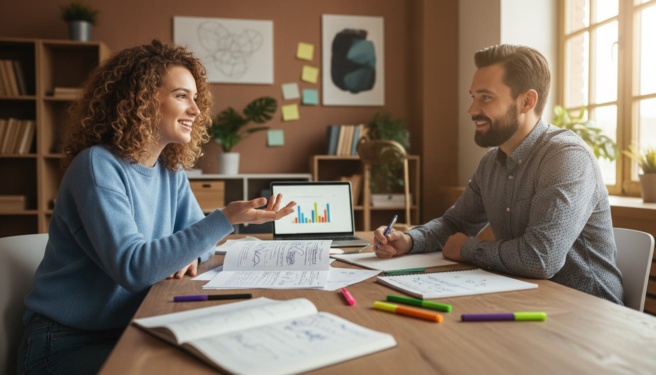 Photo Idea : A student meeting with a school counsellor, open subject selection forms and notes on a desk