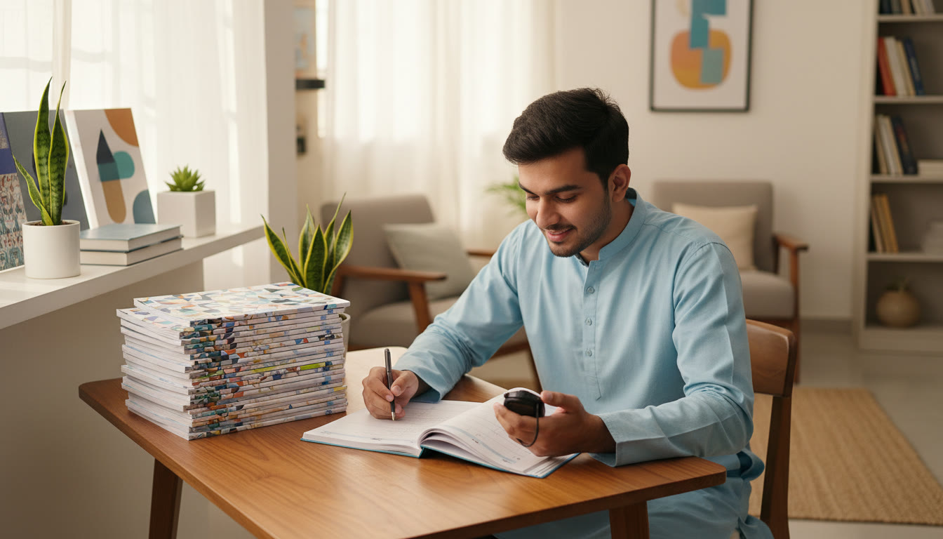Photo Idea : A focused student sitting at a study desk, timing a 3-hour mock test with a stopwatch and a pile of past-year question booklets nearby