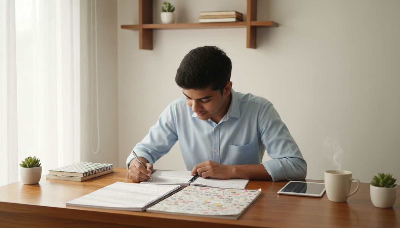 Photo Idea : A focused student at a desk with two notebooks labeled ‘ISC’ and ‘CBSE’ open side by side