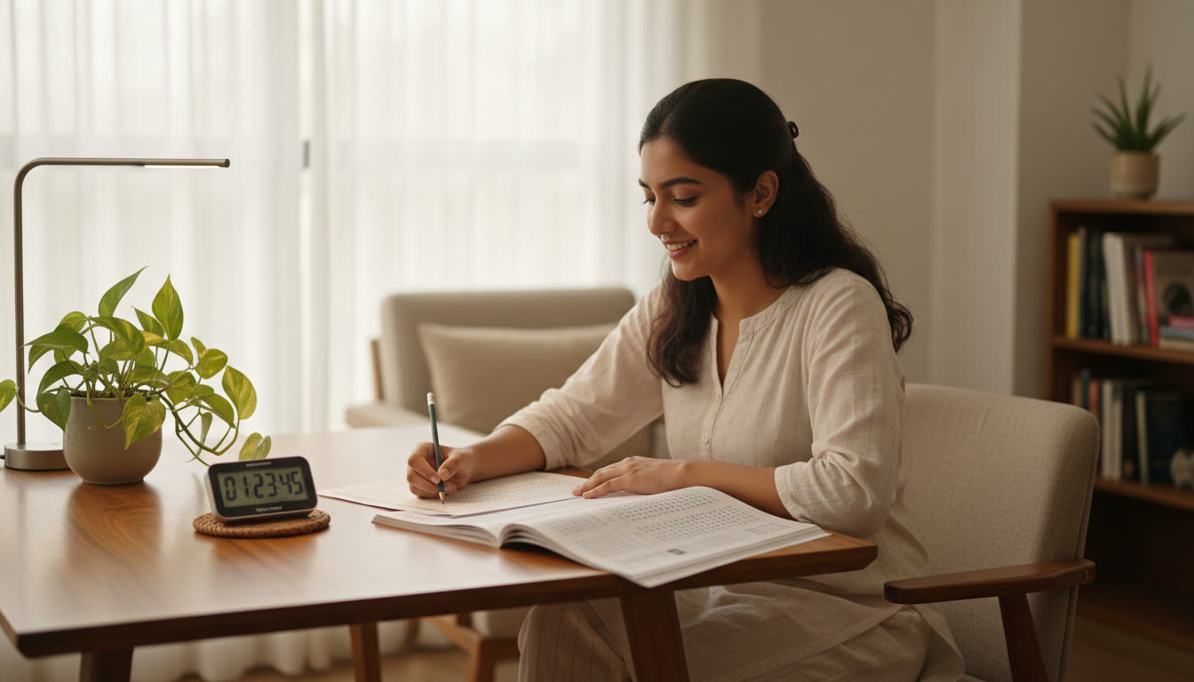 Photo Idea : A student taking a timed practice test at a desk with an OMR sheet and stopwatch