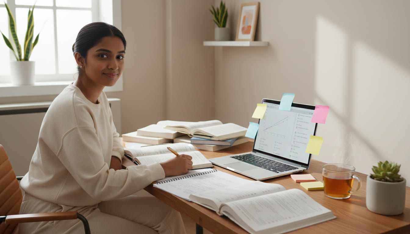Photo Idea : A focused student at a desk with NEET study materials, a laptop showing practice questions, sticky notes and a cup of tea