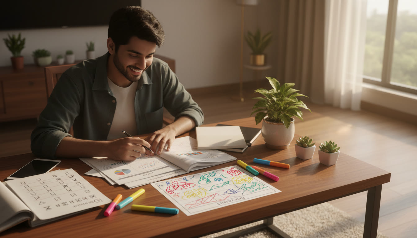 Photo Idea : A student analyzing a mock test with a coloured error-log sheet, highlighter pens and a visible checklist