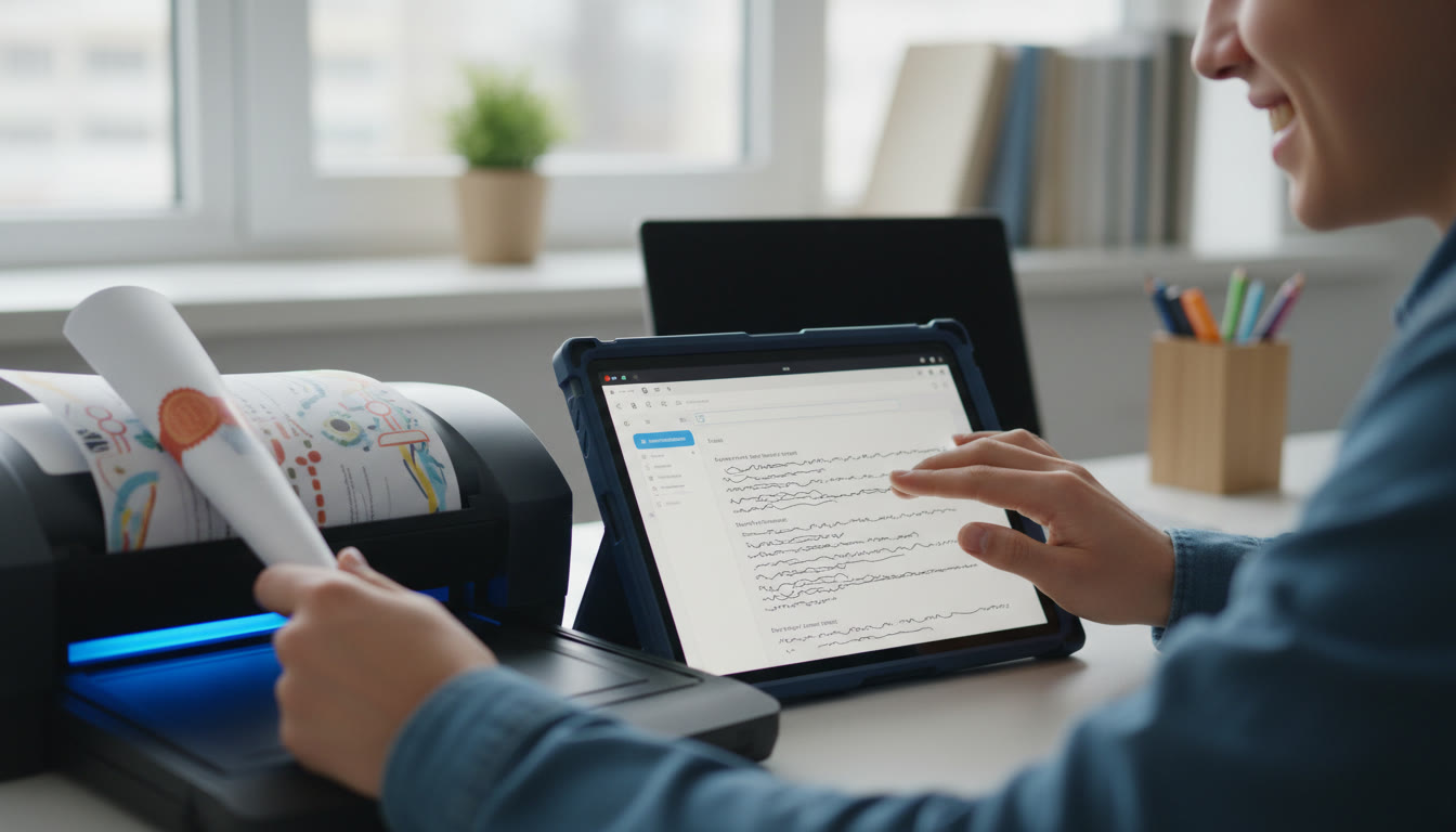 Photo Idea : Close-up of a student scanning a certificate and typing a reflective paragraph on a tablet