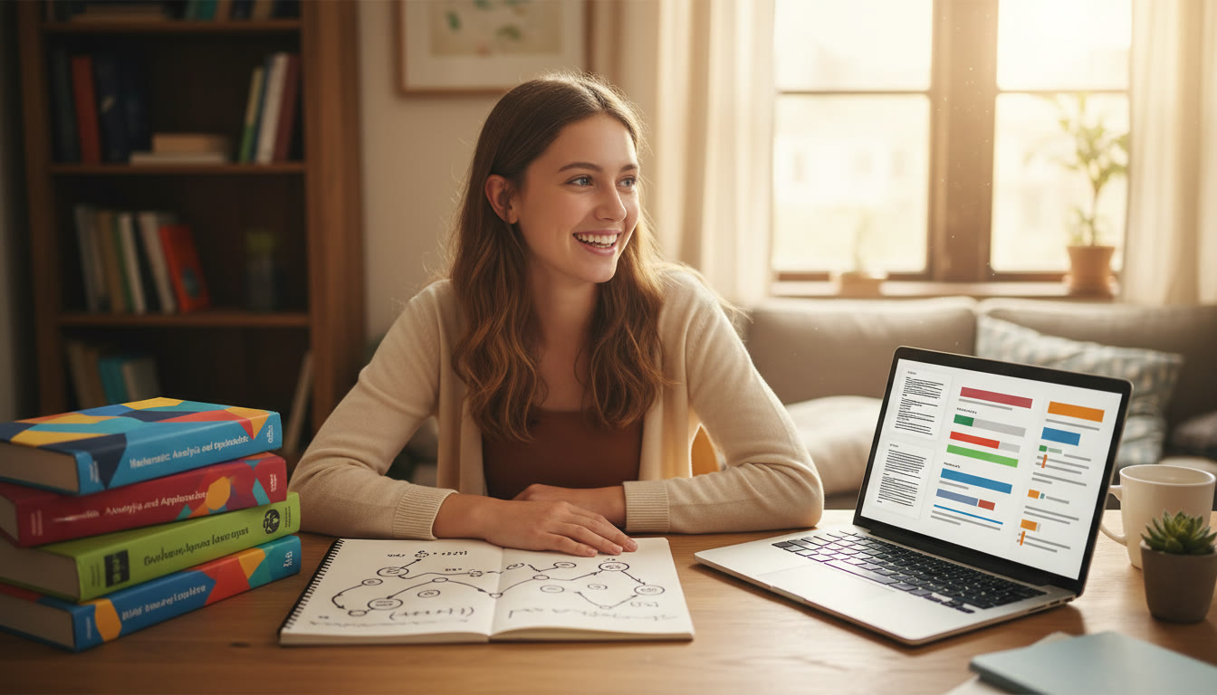 Photo Idea : Student at a desk surrounded by IB textbooks, notebook with a timeline, and a laptop with application drafts