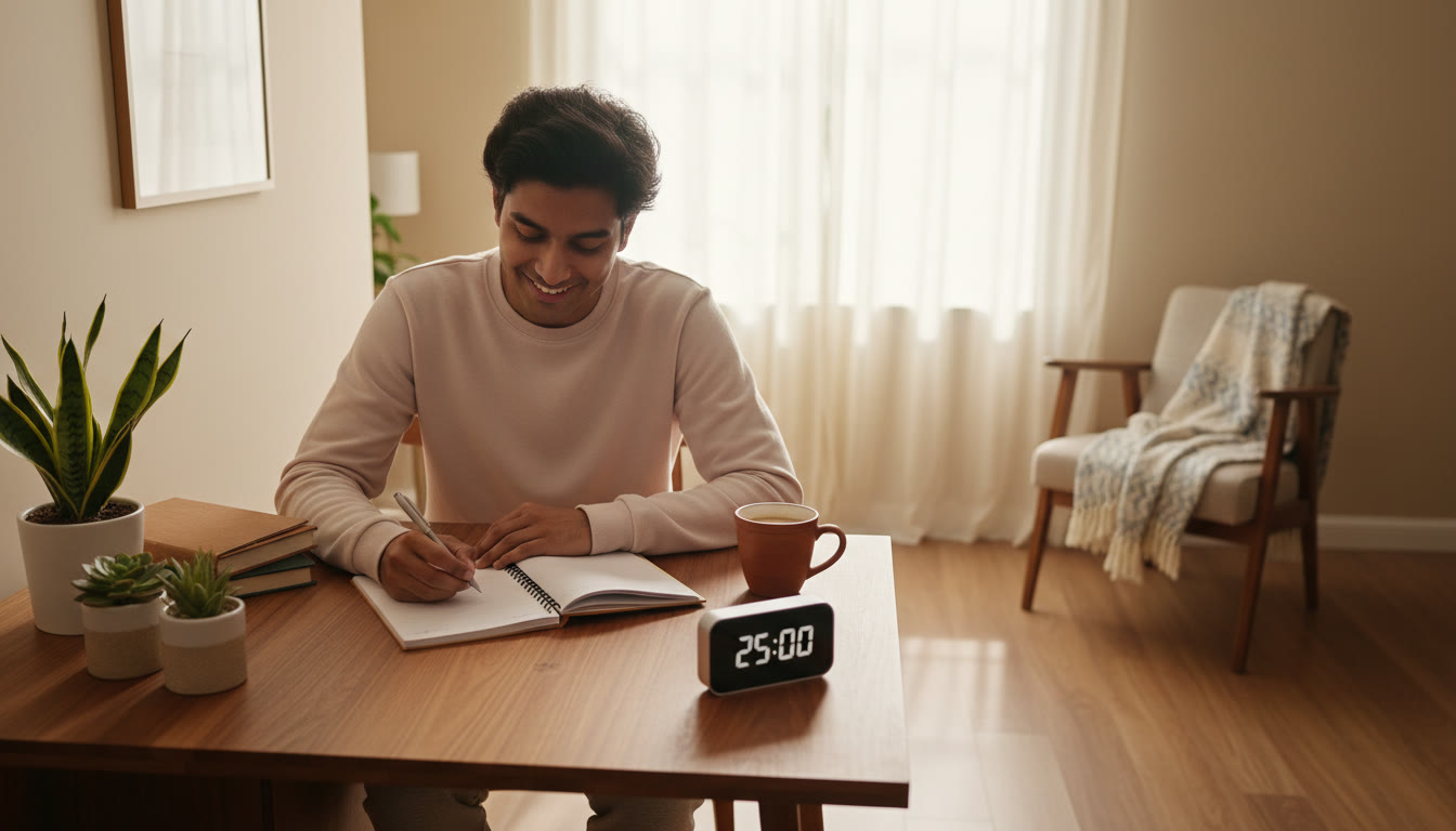 Photo Idea : Student at a tidy desk starting a morning study block with a timer and notebook