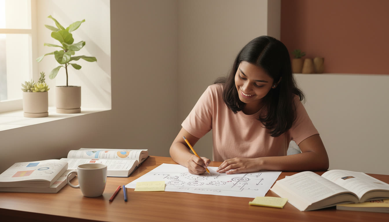 Photo Idea : A student drawing a labelled diagram for a physics concept at a desk with open textbooks