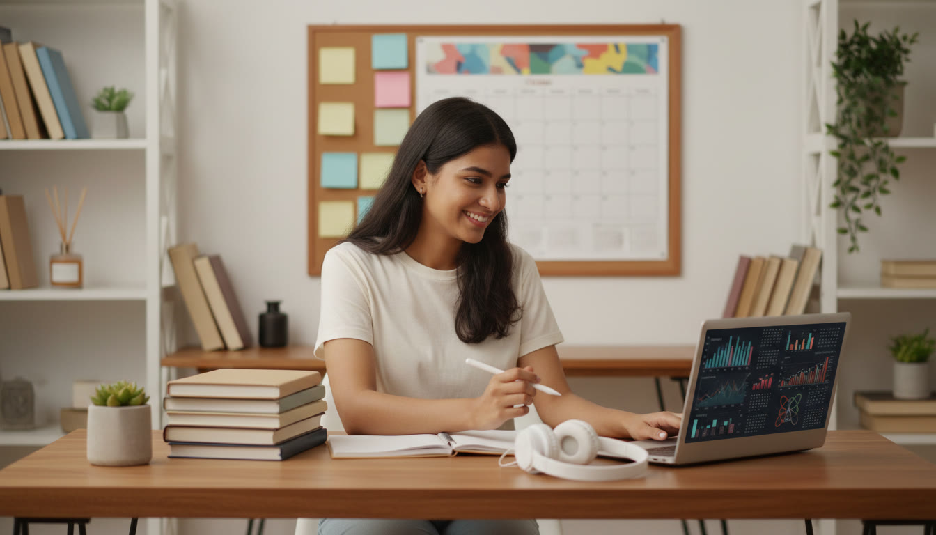 Photo Idea : Student at a tidy desk with a three-year wall calendar, sticky notes, books, and a laptop open to study material