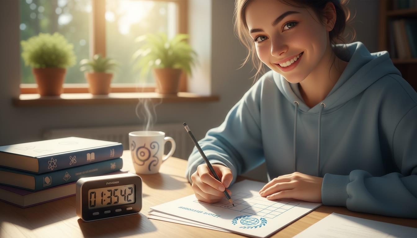 Photo Idea : A timer and a printed IB exam paper laid out on a table mid-simulation, with a student writing
