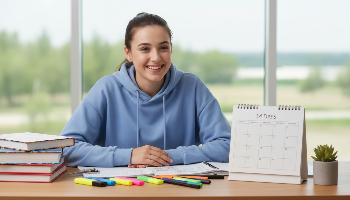 Photo Idea : Student at a tidy desk with textbooks, highlighters, and a visible 14-day calendar