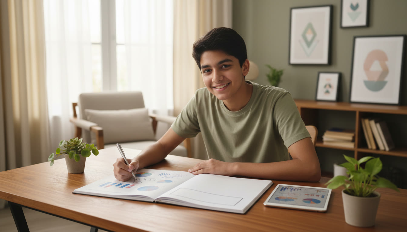 Photo Idea : A student analyzing test results with a notebook labeled 