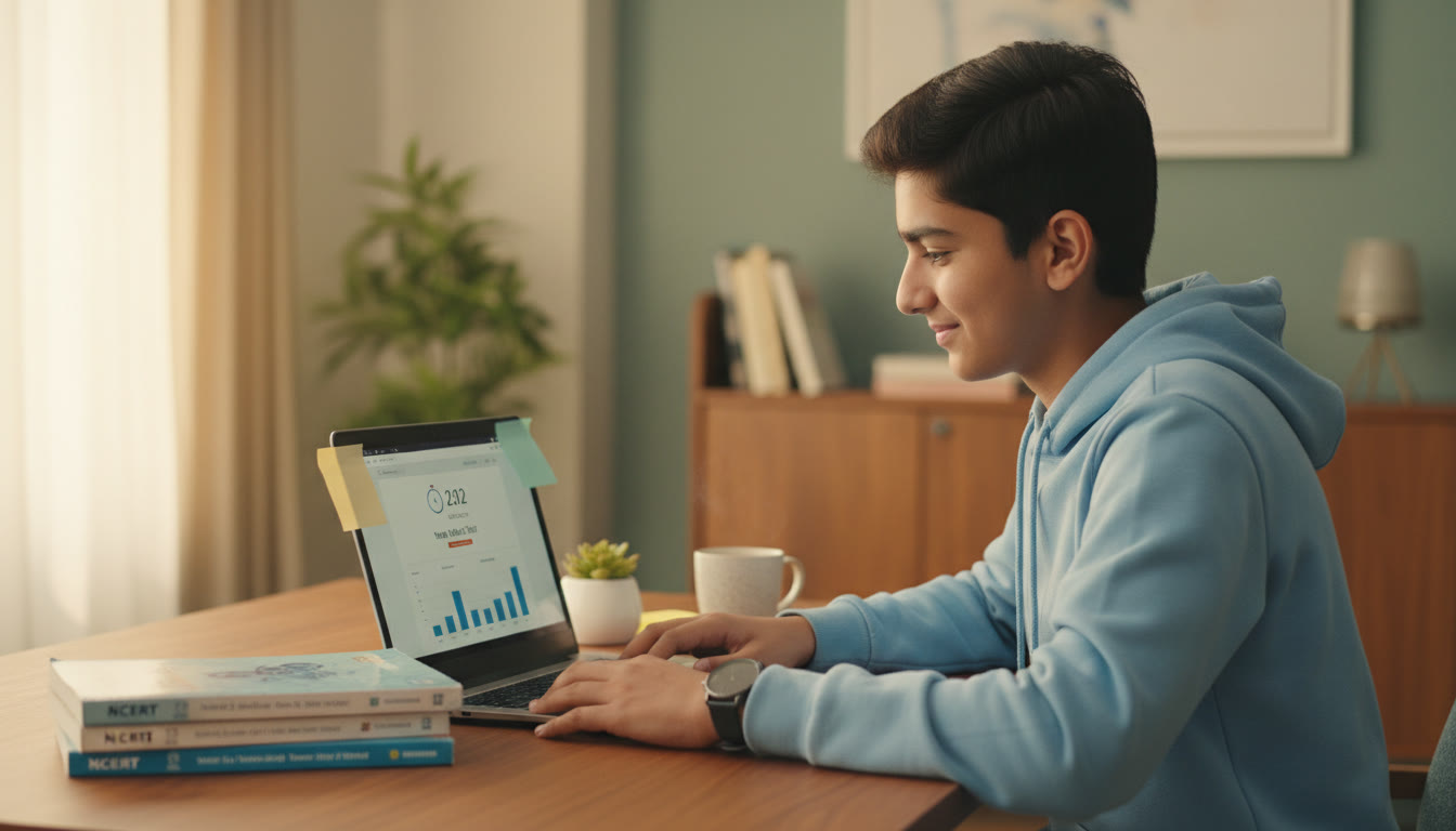 Photo Idea : a focused student at a desk with NCERT textbooks, a laptop showing a timed mock, sticky notes and a wristwatch