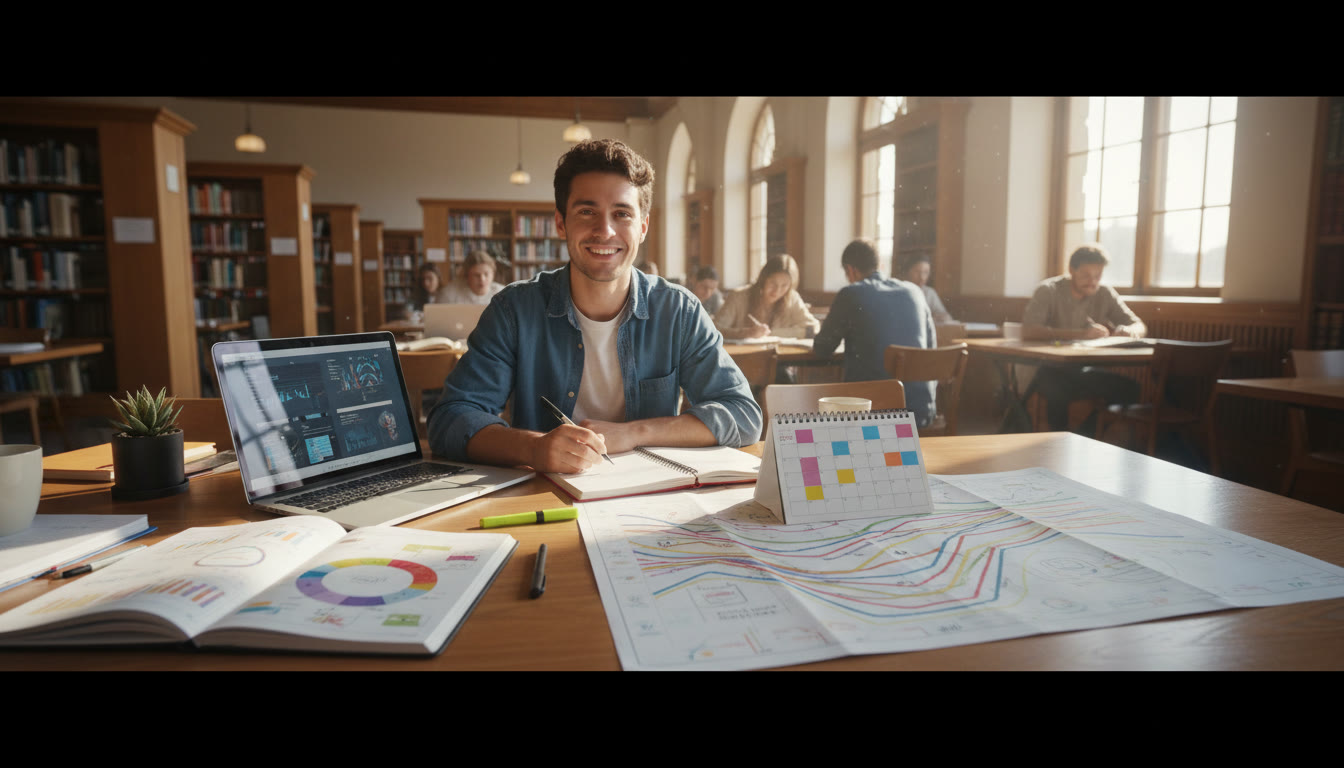 Photo Idea : Student working in a library with a laptop and open notebooks, calendar and color-coded plan visible