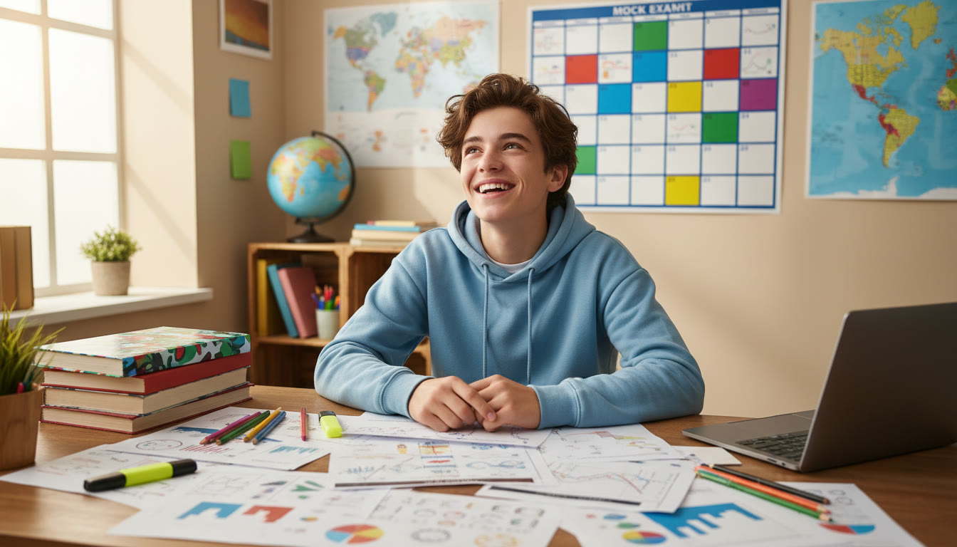 Photo Idea : A student at a desk surrounded by IB mock exam papers and a colorful study calendar.
