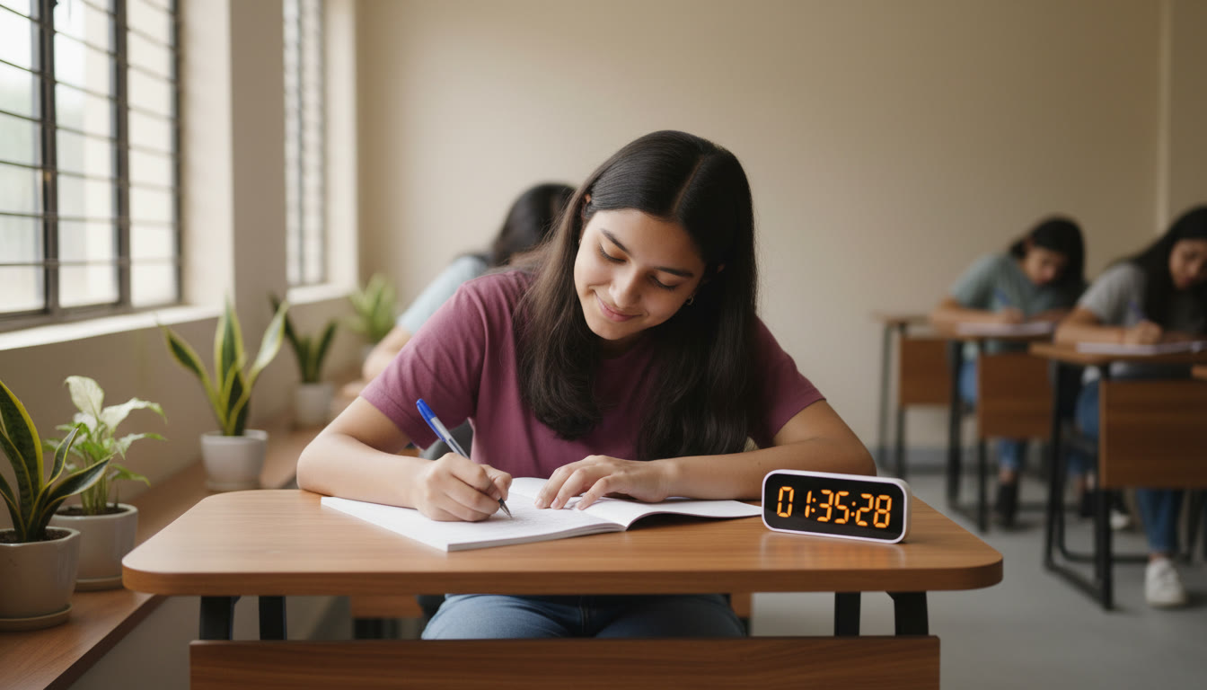Photo Idea : a student writing answers in an exam hall with a focused expression and a visible timer