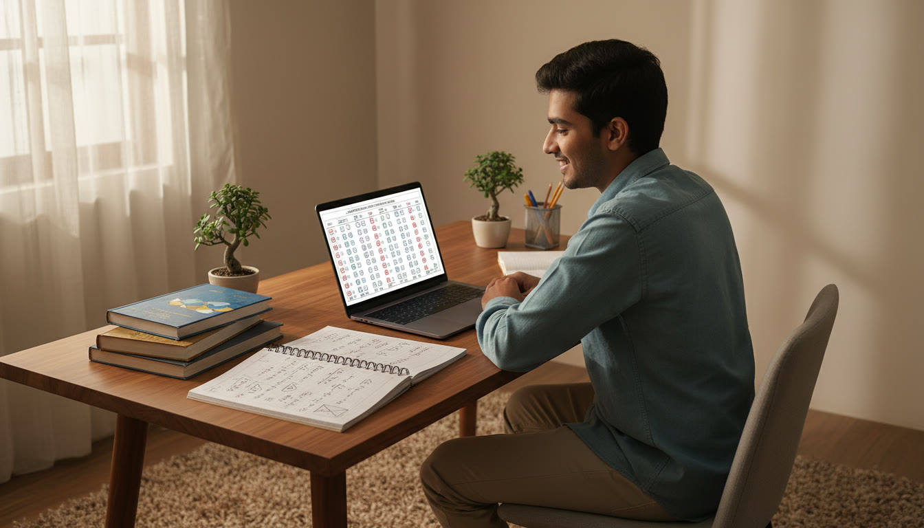 Photo Idea : A focused student at a desk with ICSE books, a notebook of solved problems, and a laptop displaying a mock OMR sheet