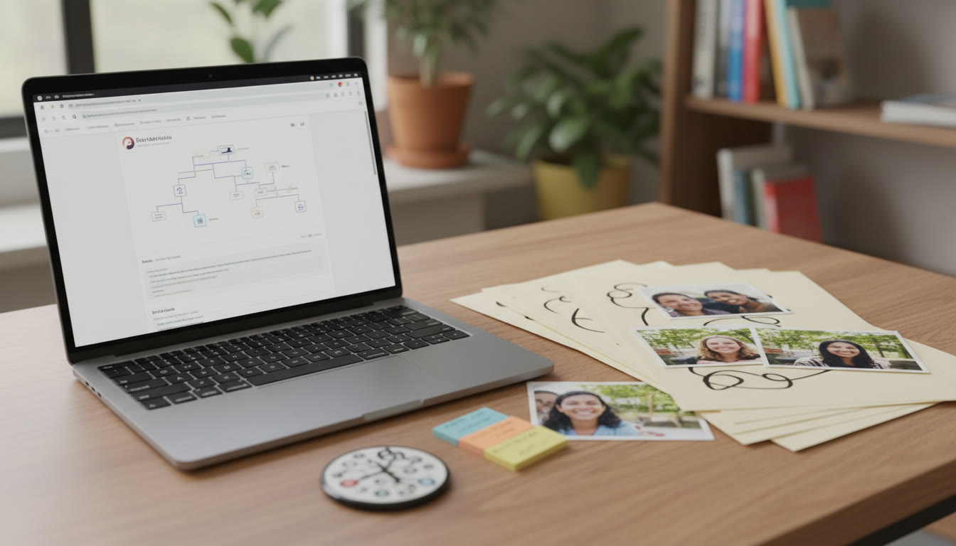 Photo Idea : A neat GitHub repository page open on a laptop beside printed reflection notes and photos from a community workshop