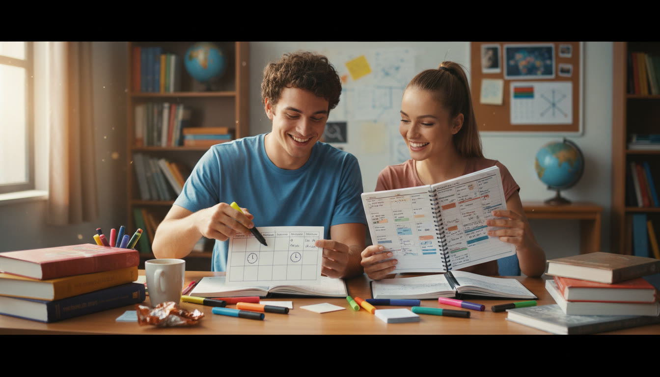 Photo Idea : Two IB students studying side-by-side—one with a neat 2-hour planner, the other with a denser 4-hour schedule, desk scattered with textbooks and highlighters