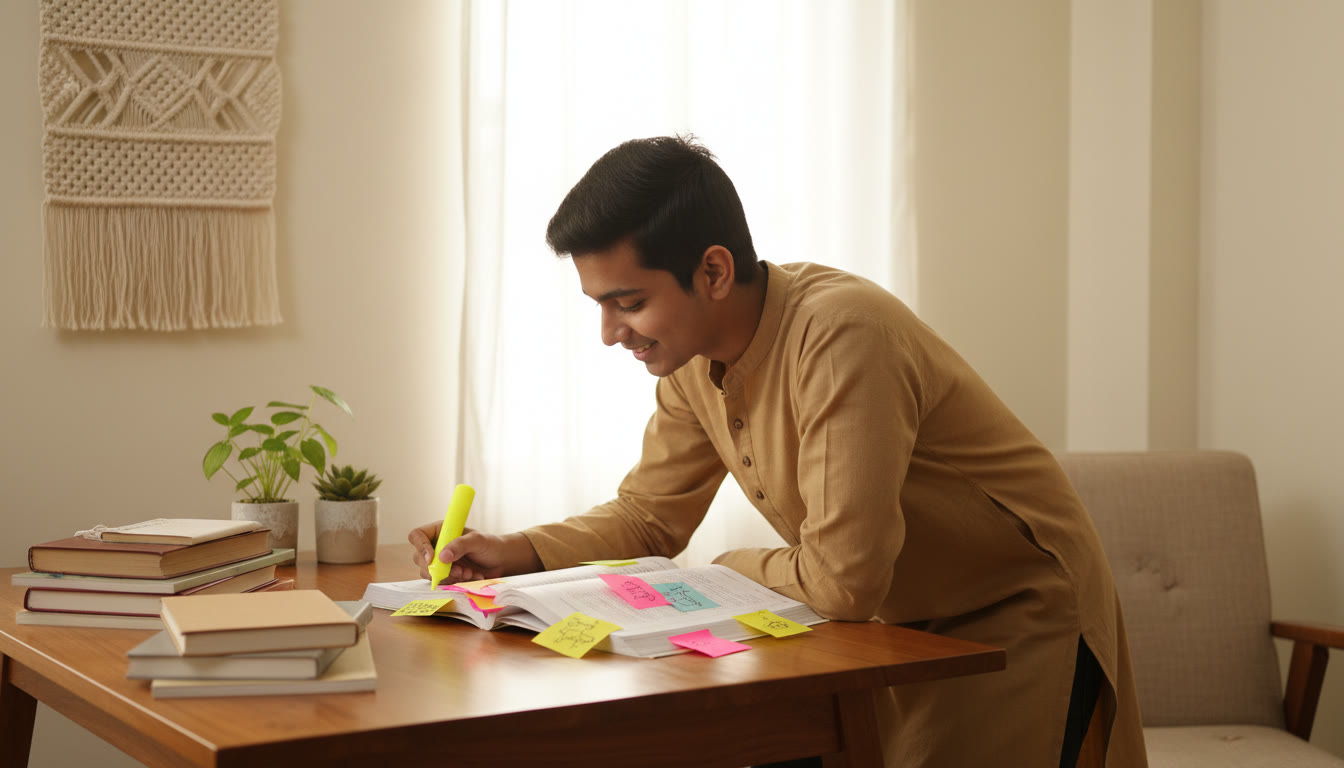 Photo Idea : A student at a wooden desk marking an ISC textbook with colorful sticky notes and a highlighter