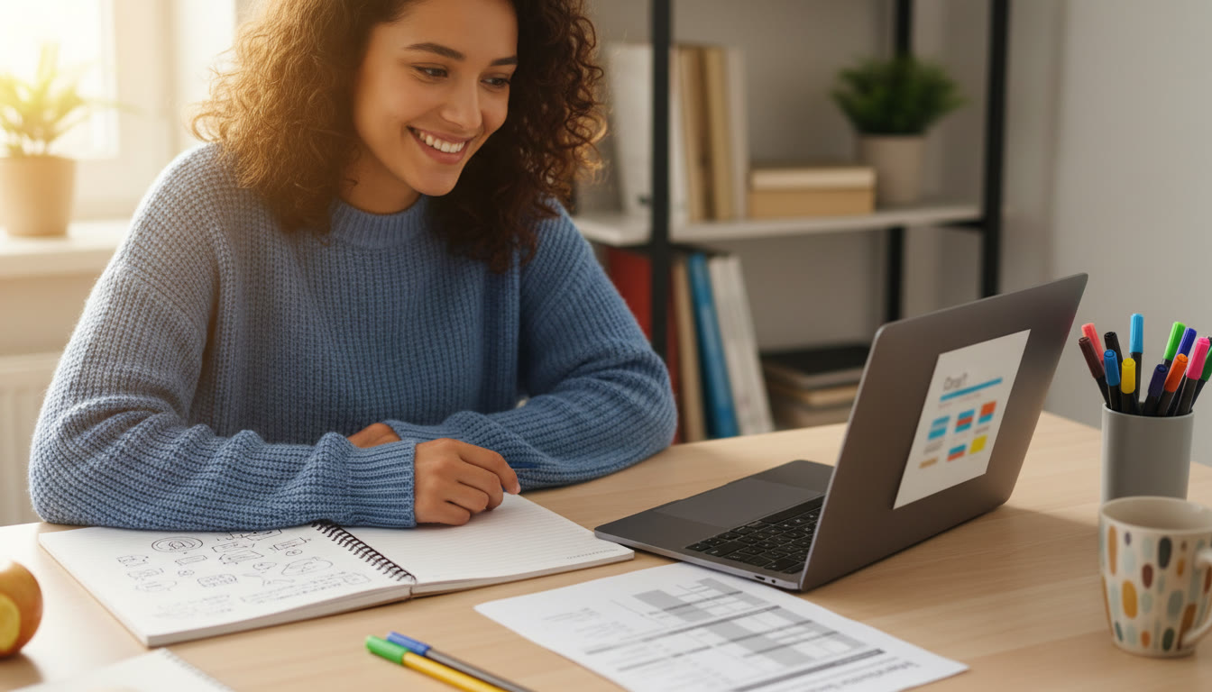 Photo Idea : Student at a desk with an open notebook, laptop showing a draft, colored pens and a printed marking rubric beside it