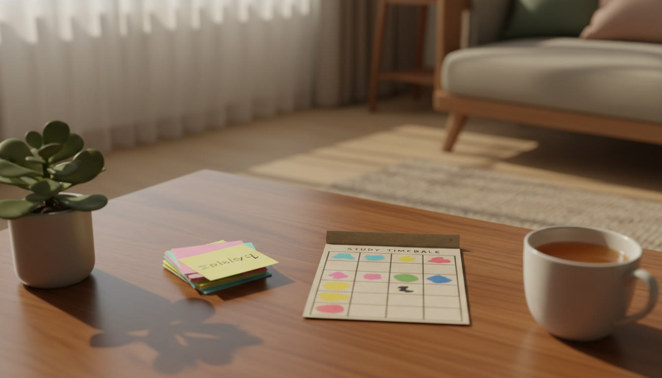 Photo Idea : A small stack of colorful handwritten flashcards and a compact study timetable on a wooden table.