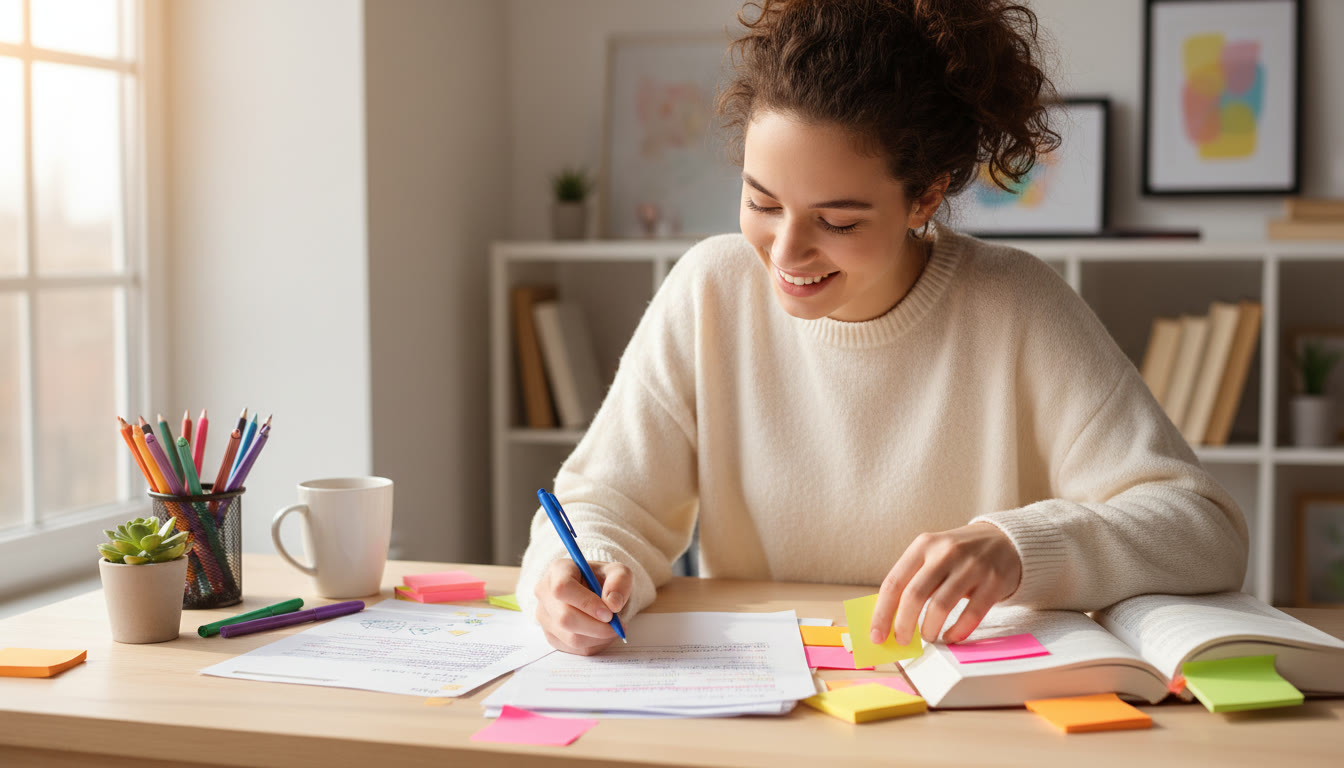 Photo Idea : A focused student at a desk annotating a printed past paper with colored pens and sticky notes