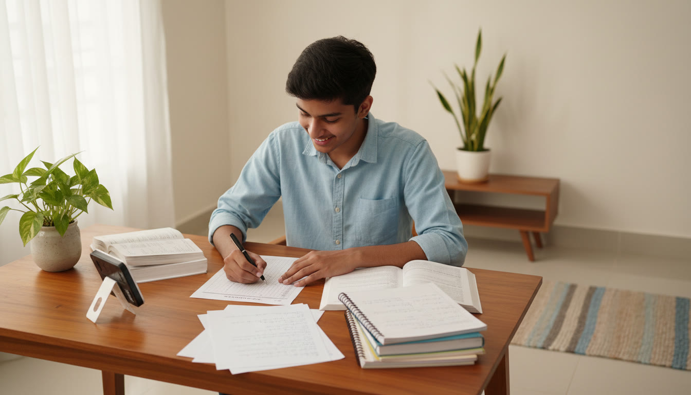 Photo Idea : A focused student marking an OMR sheet with a timer and open notebooks nearby
