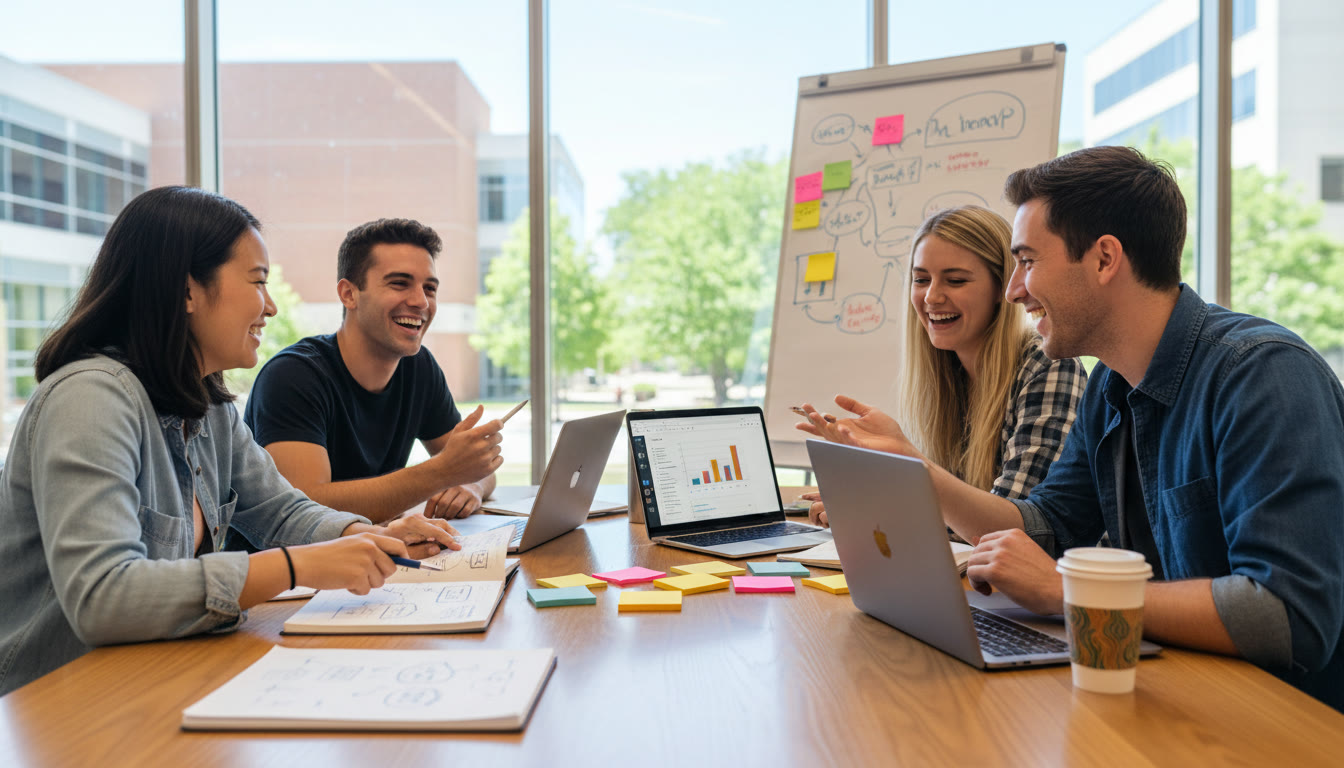Photo Idea : small group of students discussing CAS notes around a table with sticky notes and laptops