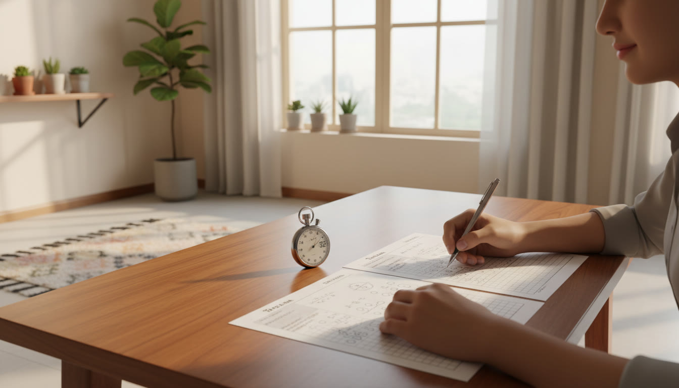 Photo Idea : A realistic exam desk setup with a mock test paper, stopwatch, and a student marking answers on an OMR-like sheet