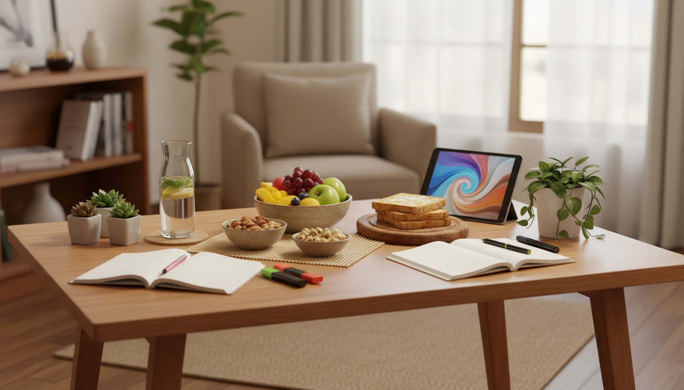 Photo Idea : A balanced study snack spread with fruits, nuts, whole-grain toast, and water on a study table