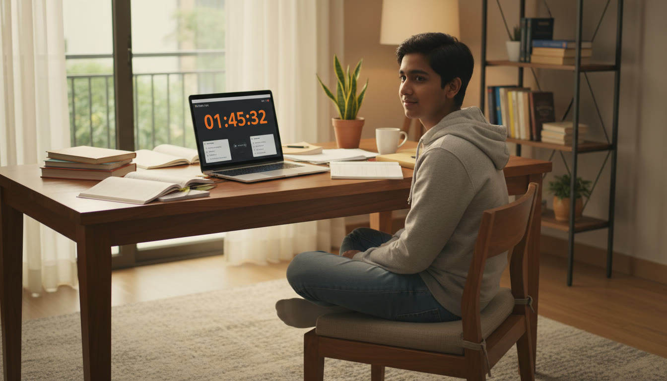 Photo Idea : A focused student taking a full-length mock test on a laptop with a visible countdown timer and scattered notes.
