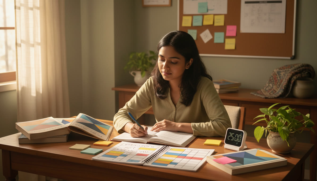 Photo Idea : A focused student at a desk with ISC textbooks, a timer, sticky notes, and a notebook open to a neatly organized study plan.