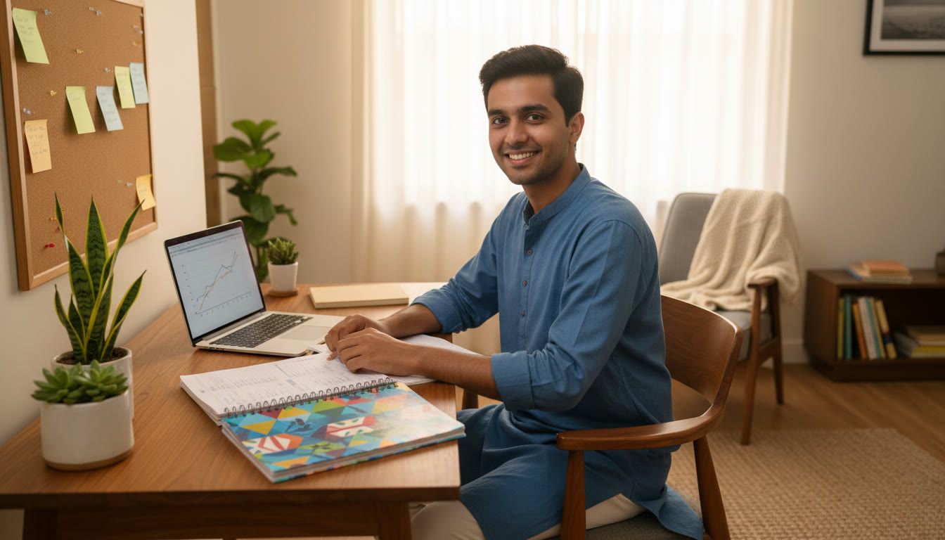Photo Idea : A student at a tidy desk with textbooks, a laptop, a colourful study planner and sticky notes