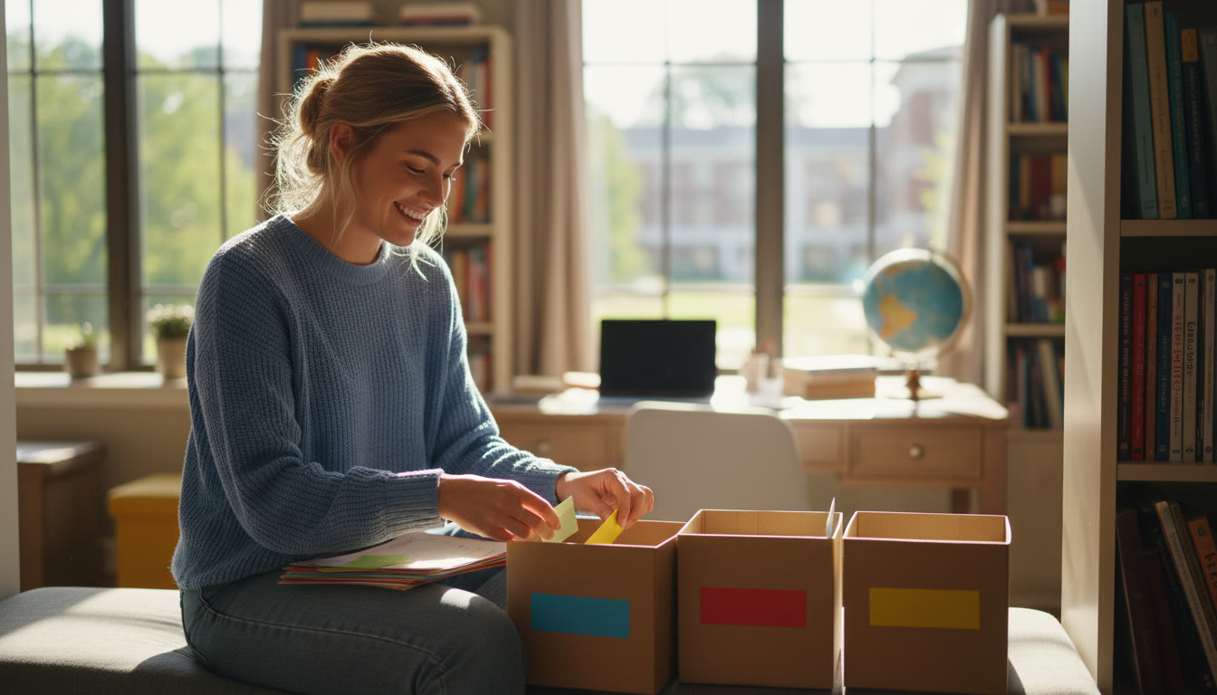 Photo Idea : A relaxed student sitting on a sunny windowsill, sorting notes into boxes while smiling