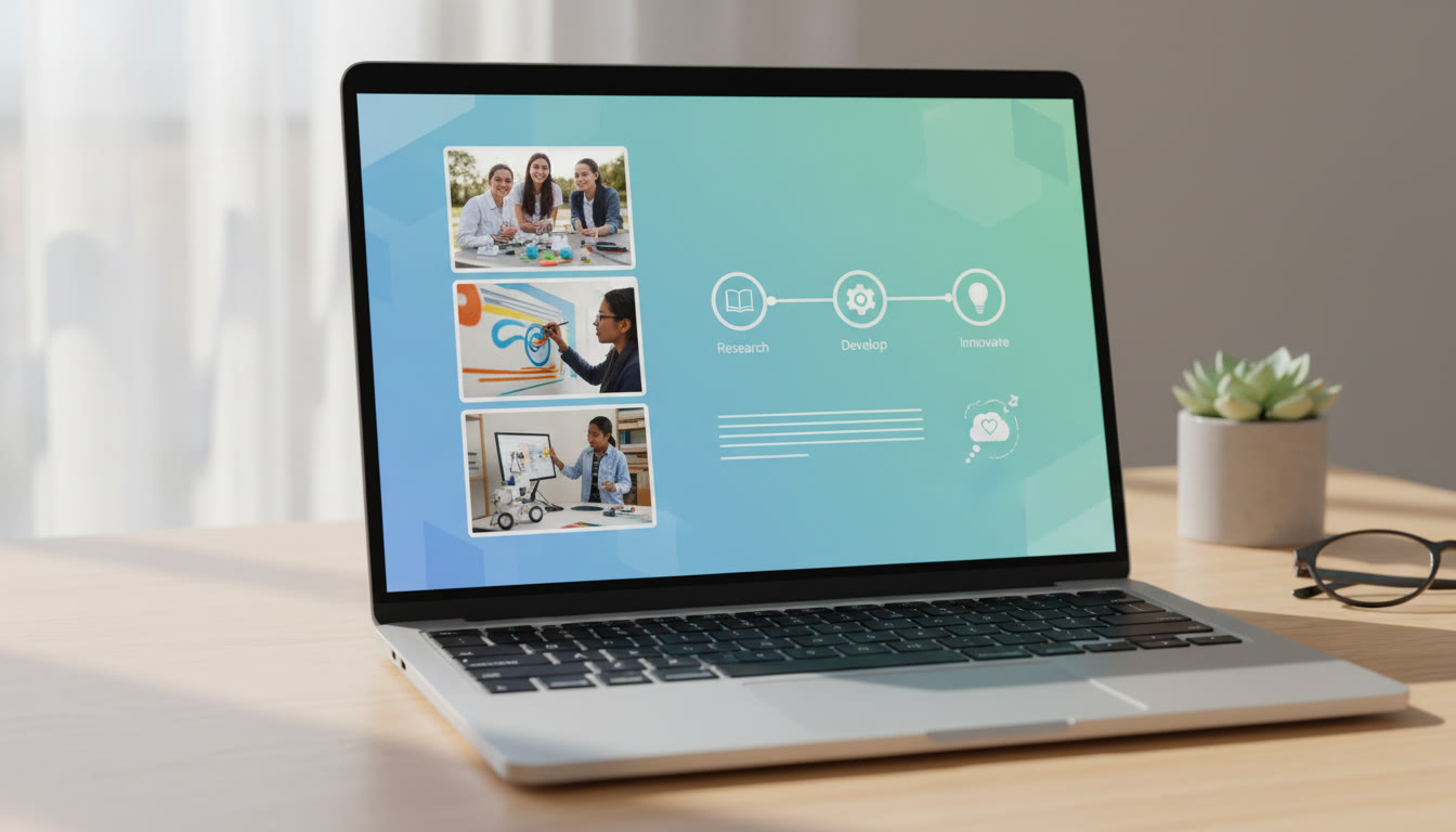 Photo Idea : A tidy digital portfolio page on a laptop screen with photos, timelines and a reflection excerpt visible