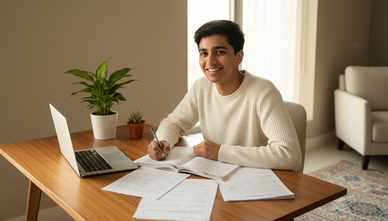 Photo Idea : A focused student at a study desk with notes, laptop, and a practice test paper