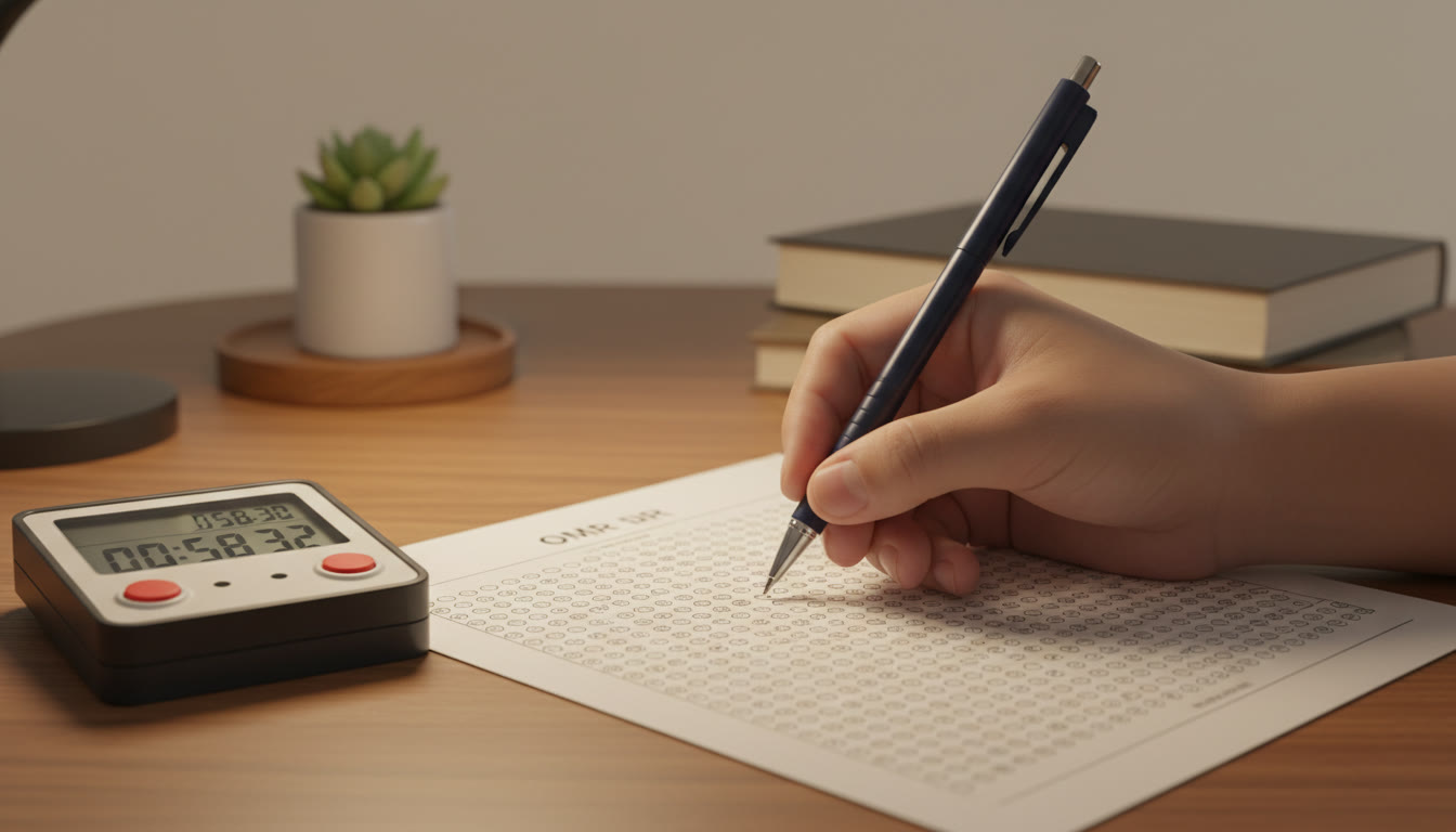 Photo Idea : Close-up of a stopwatch and a hand filling answers on an OMR sheet under exam lighting.