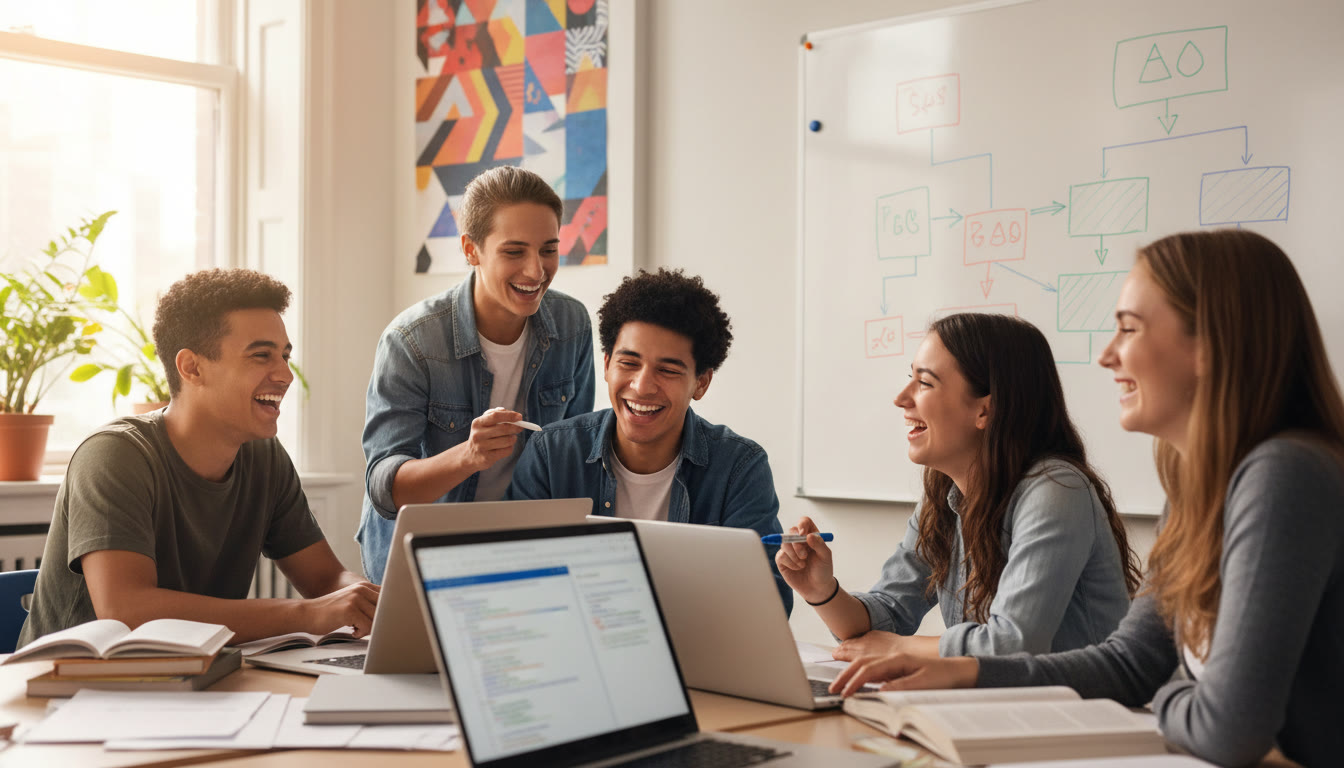 Photo Idea : A small group of students gathered around laptops, sketching algorithms on a whiteboard